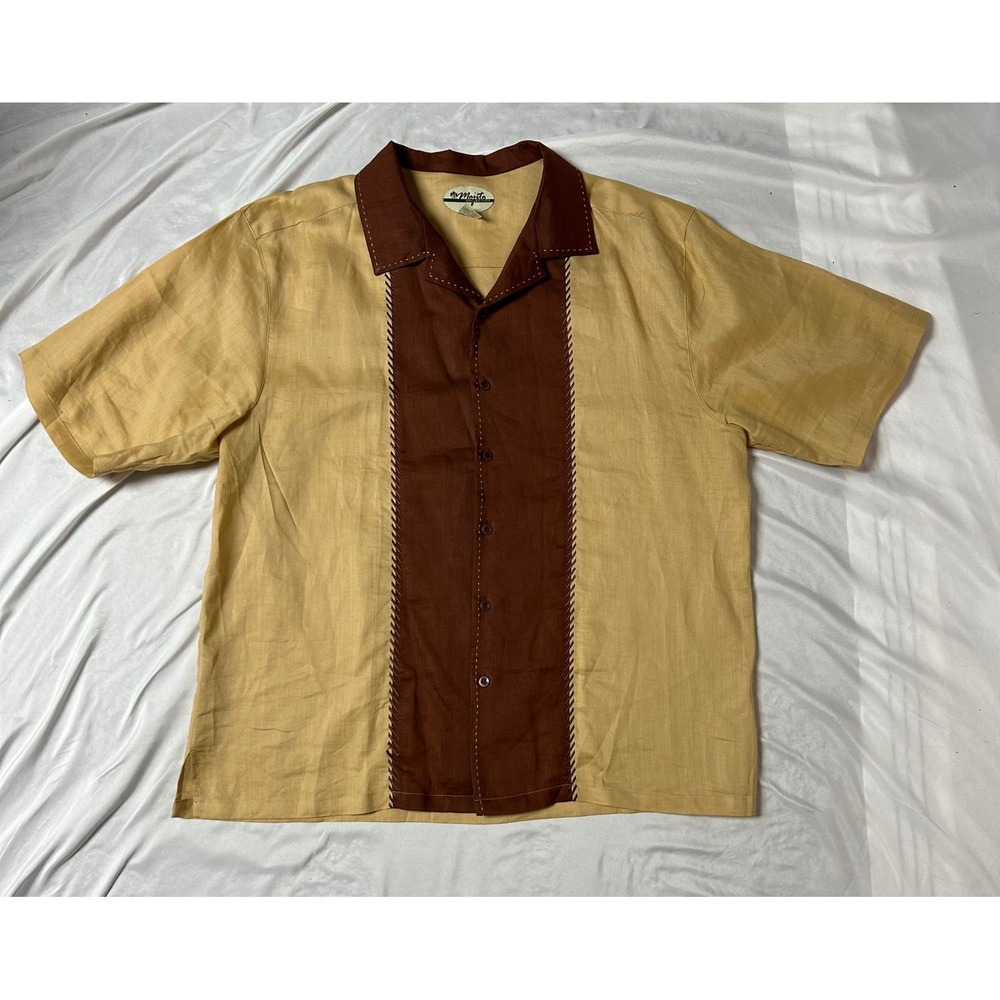 Mojito Collection Mens 3XL Linen Short Sleeve Camp Shirt Tan Brown Whipstitch